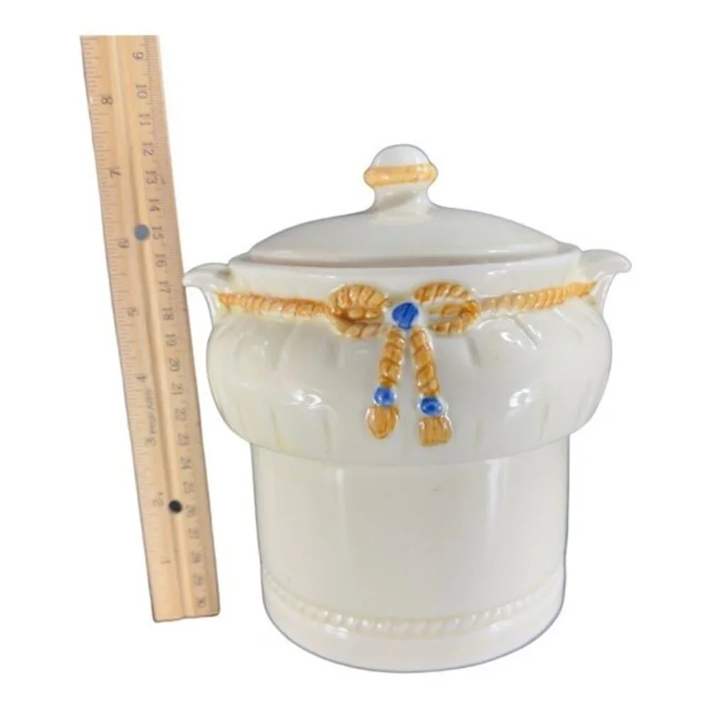 Vintage‎ Porcelier Vitreous China Art Deco Canister Cookie Jar Rope Ribbon W Lid